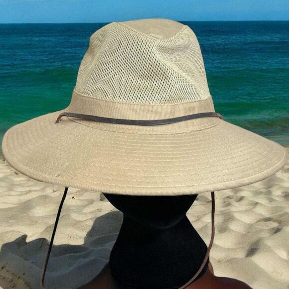DORFMAN PACIFIC HEADWEAR OUTDOOR SAFARI STYLE MESH HAT TAN W/LEATHER STRAP MED - Picture 1 of 7